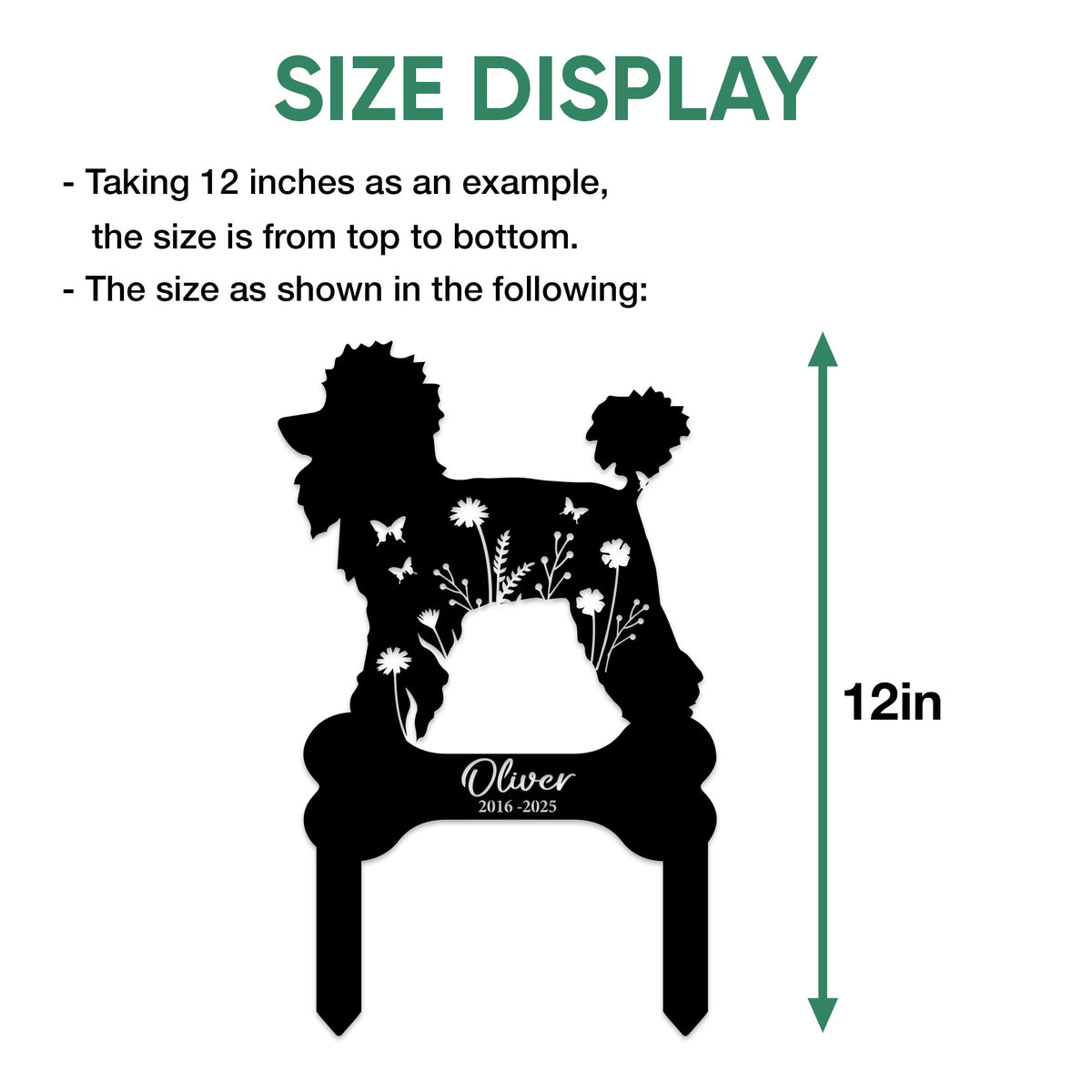 Poodle memorial metal sign size guide showing the overall height from the top to the bottom stakes