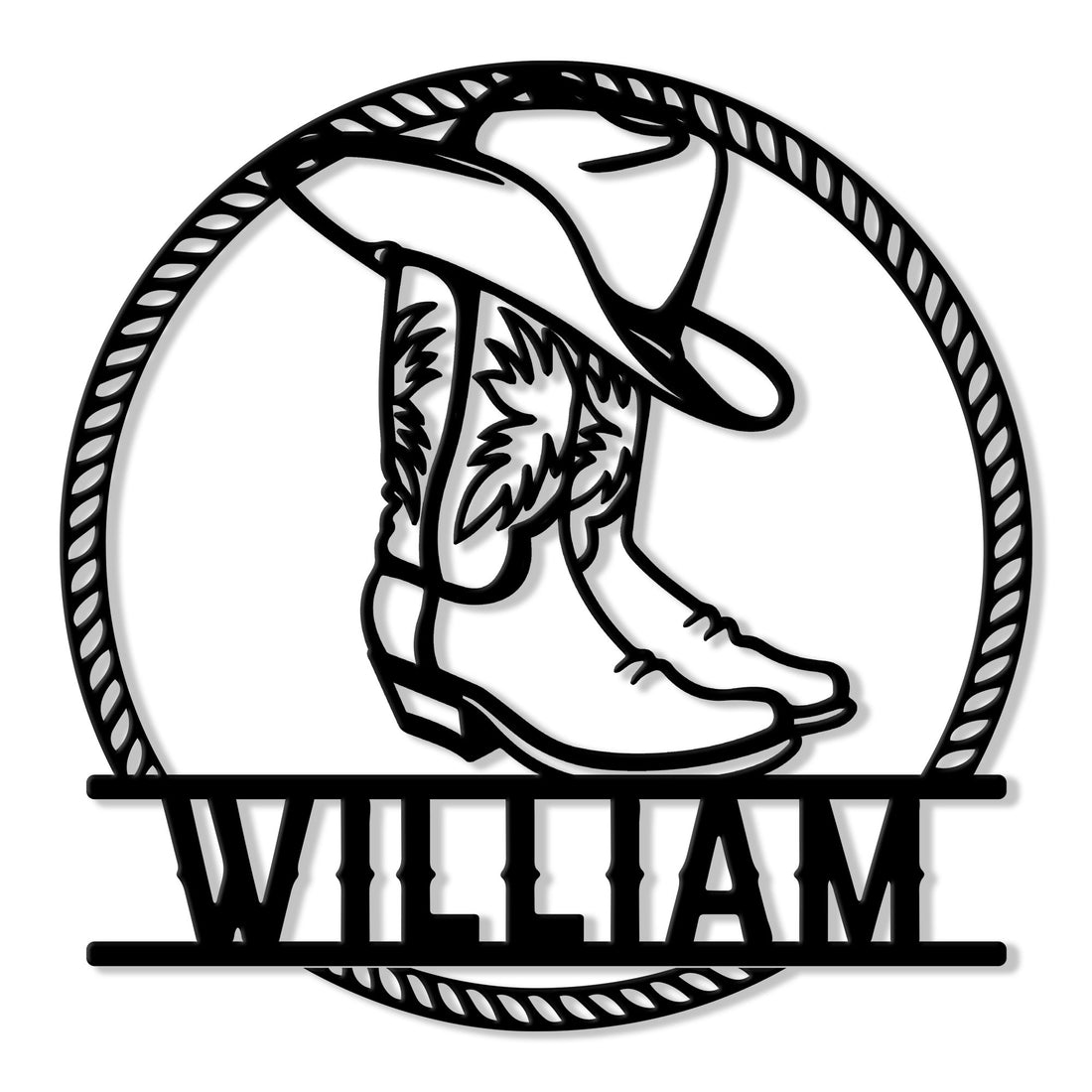 Custom cowboy boot and hat metal sign with a rope border and western-inspired design