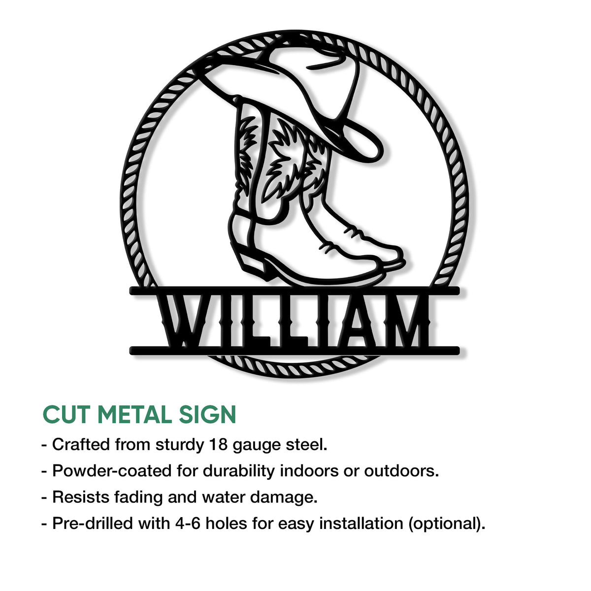 Cowboy boot metal sign feature showing cut-metal construction and indoor or outdoor decor use
