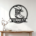 Western cowboy boot metal sign displayed on a light wood-paneled wall above a console table