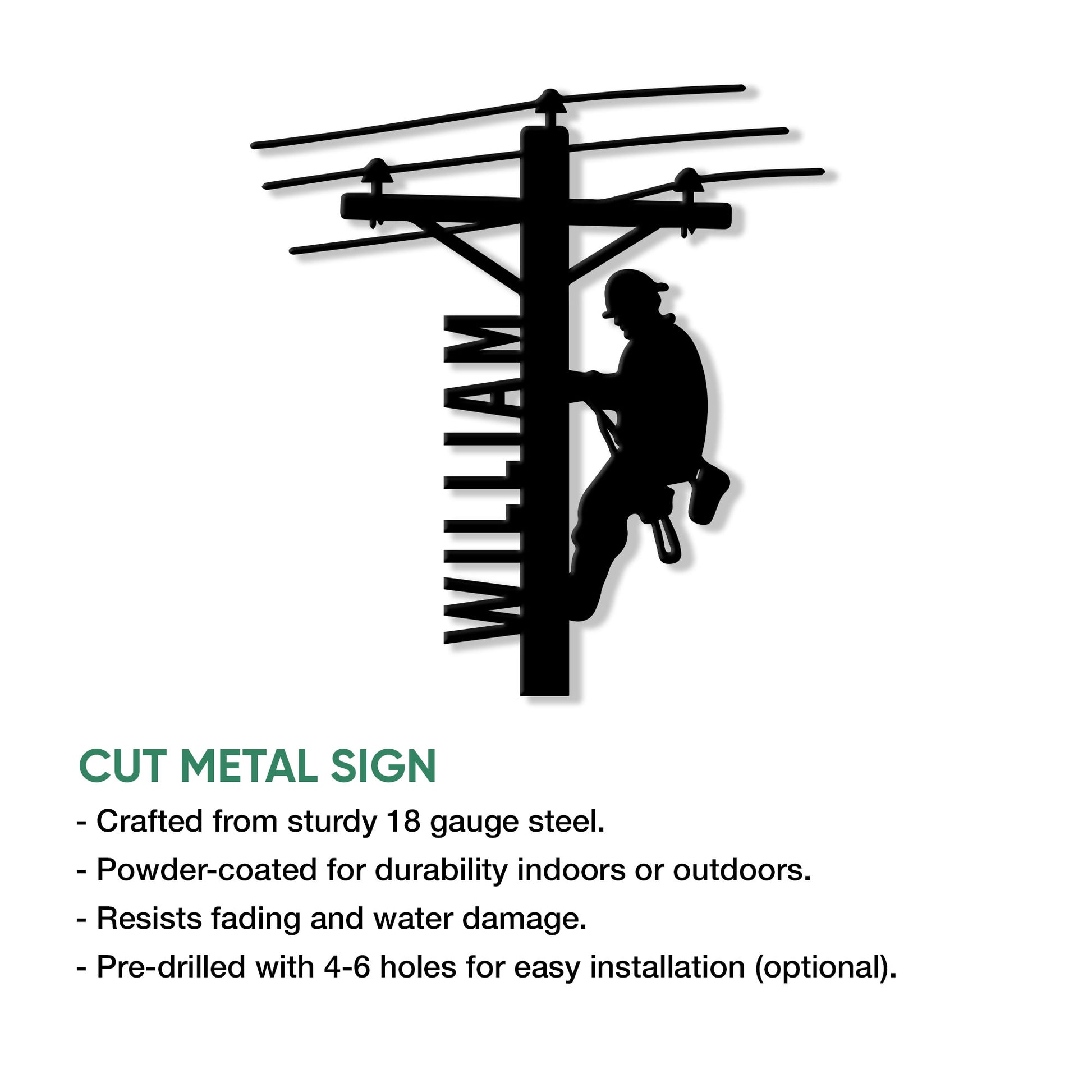 Lineman cut metal sign feature graphic highlighting the utility worker silhouette and sign presentation