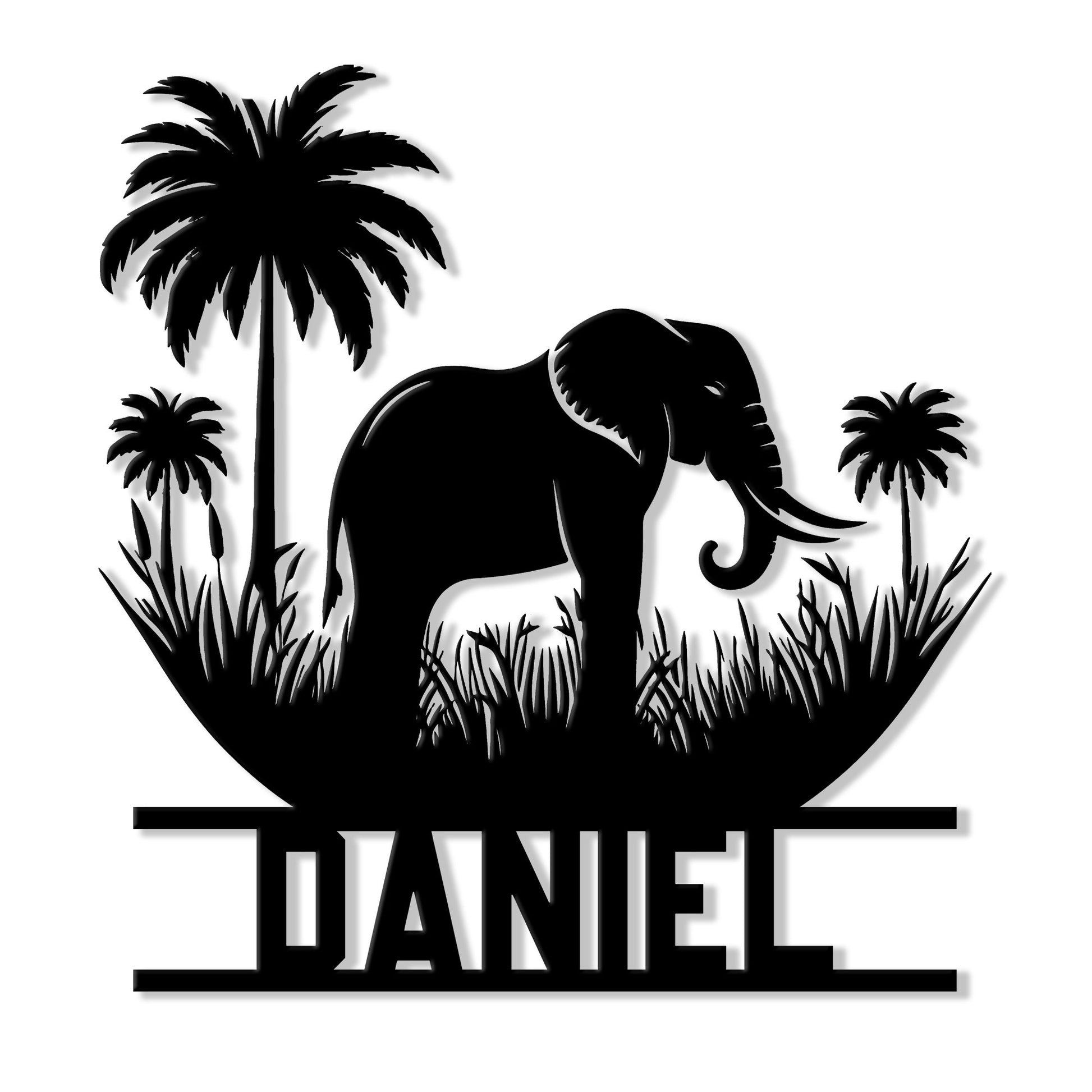 Black elephant silhouette metal sign with palm trees and tropical grassland scene