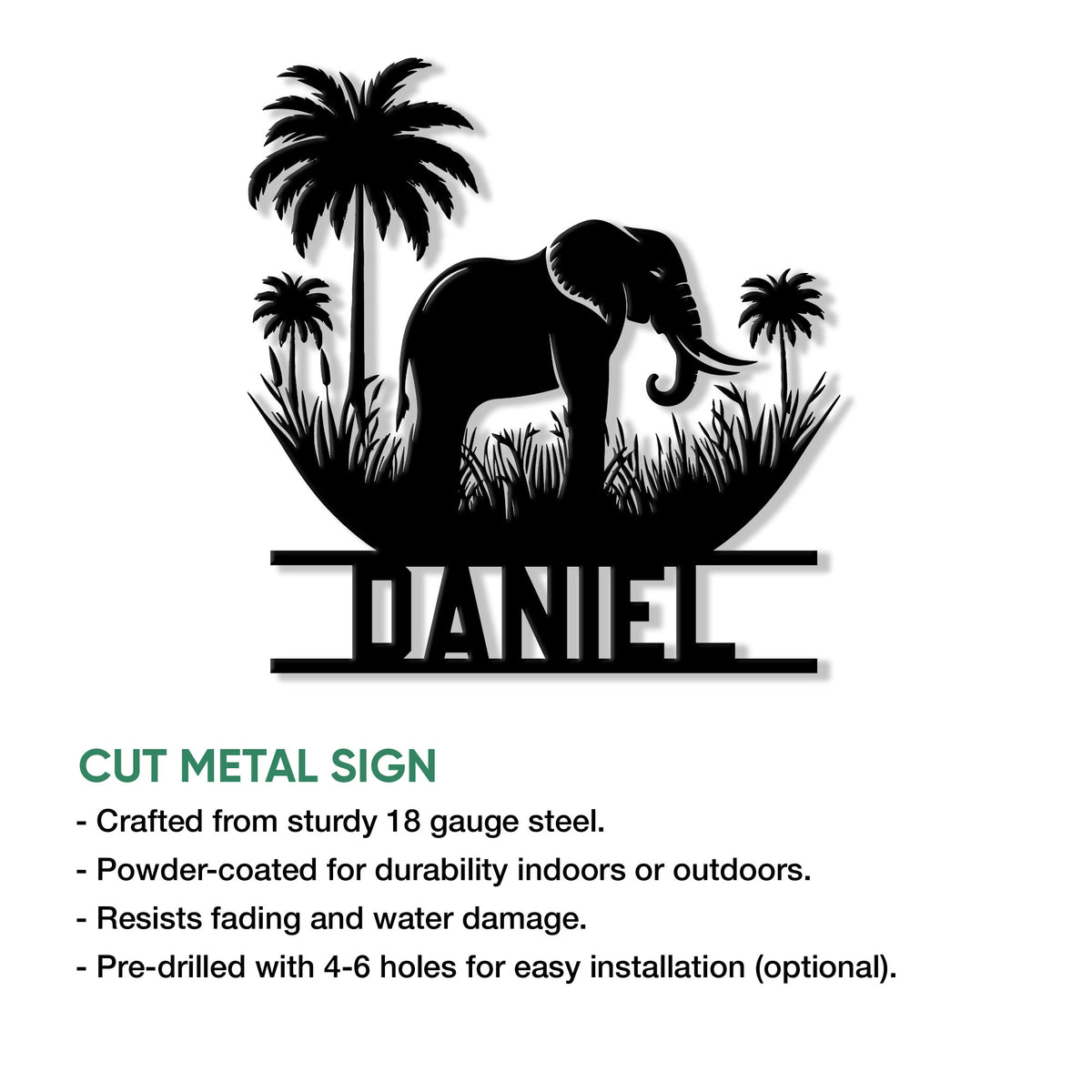 Elephant metal wall sign featuring a tropical palm tree silhouette and bold wildlife design