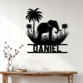 Elephant silhouette wall decor displayed above a console table in a bright home interior