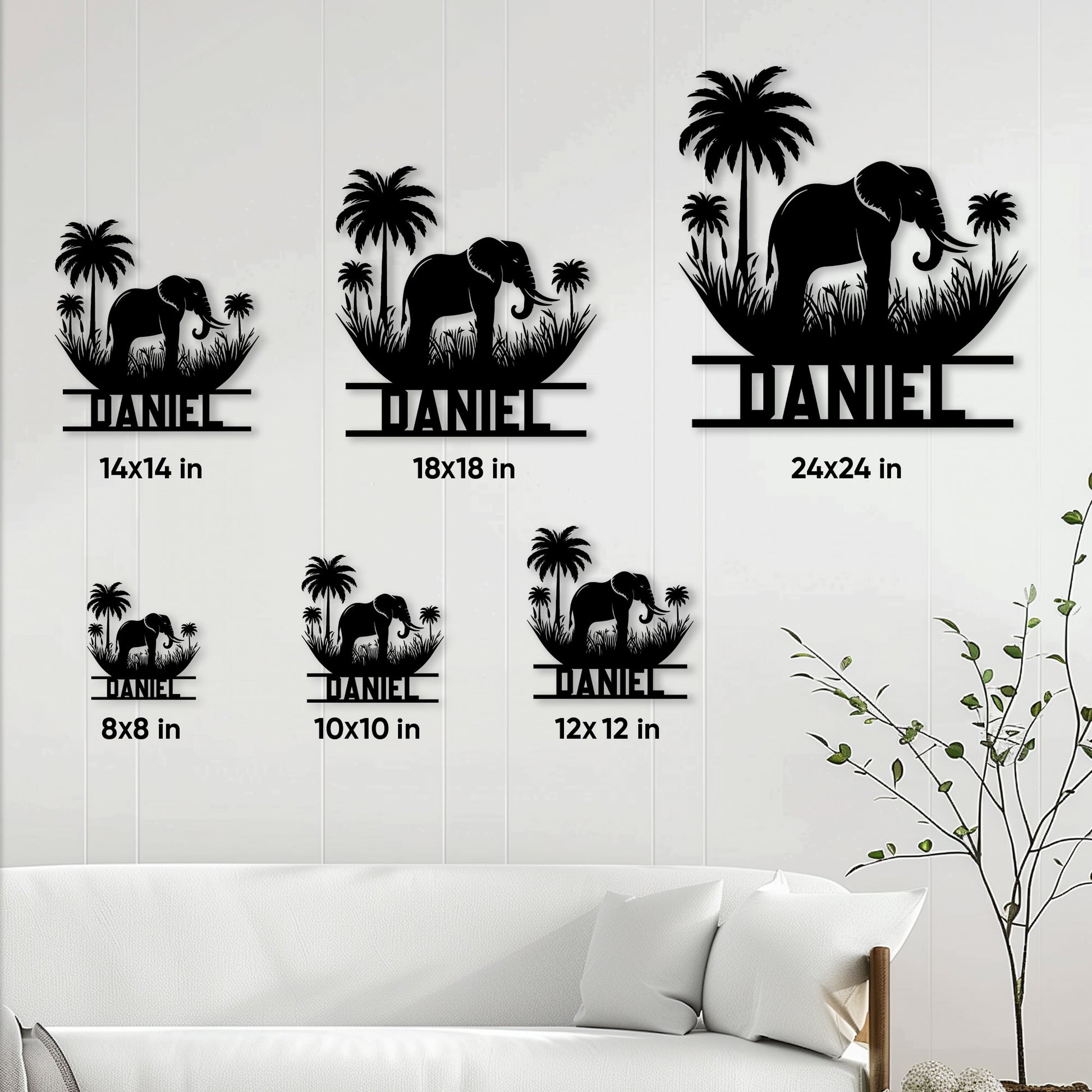 Elephant metal sign size guide showing available square sizes from 8 by 8 to 24 by 24 inches