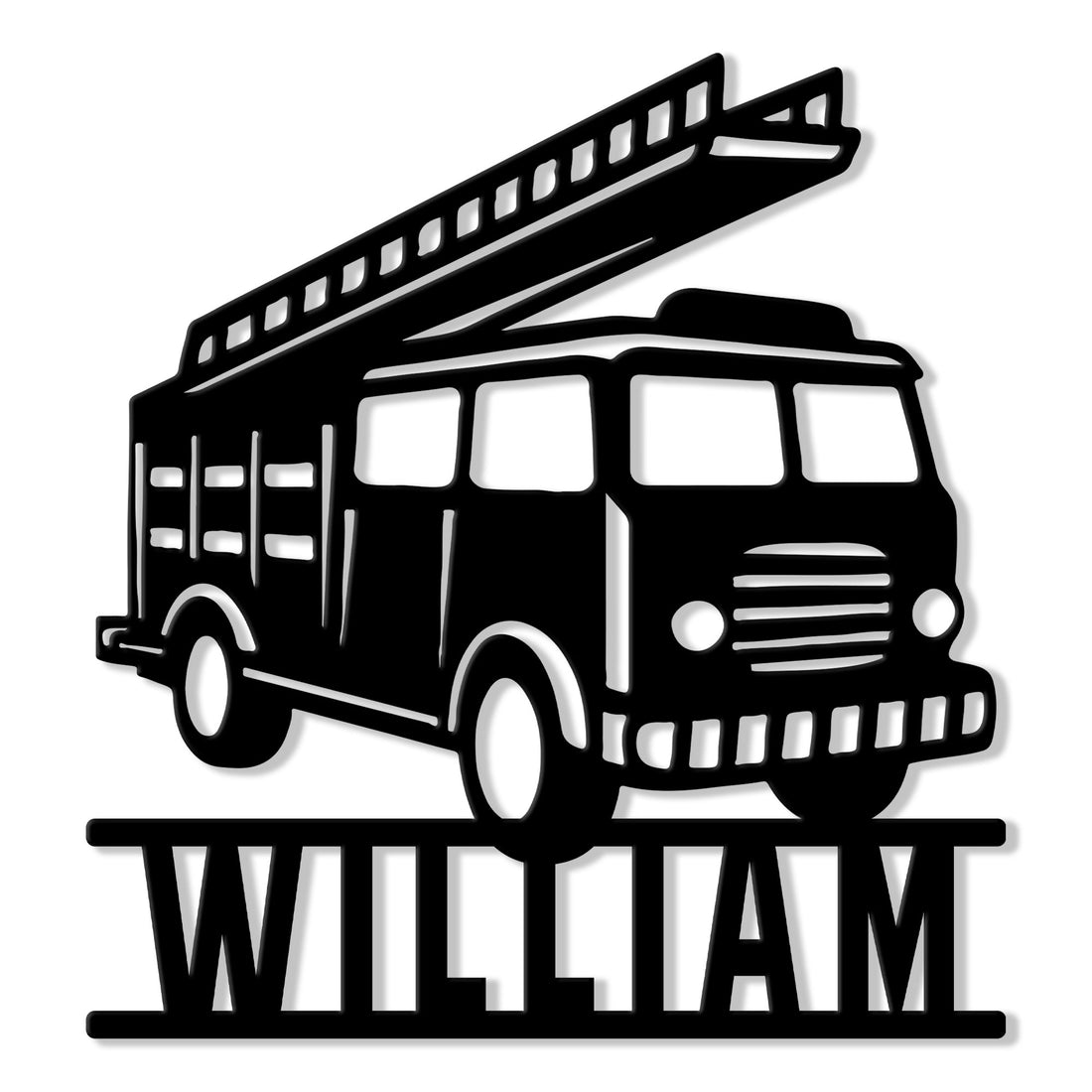 Black firefighter metal sign featuring a detailed fire truck with raised ladder