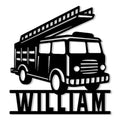 Black firefighter metal sign featuring a detailed fire truck with raised ladder