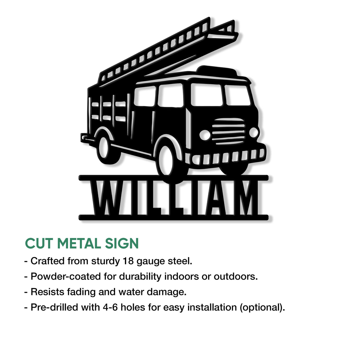 Fire truck metal sign feature graphic showing the cut metal firefighter design