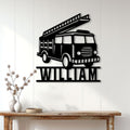 Firefighter wall decor displayed on a light paneled wall above a wooden console