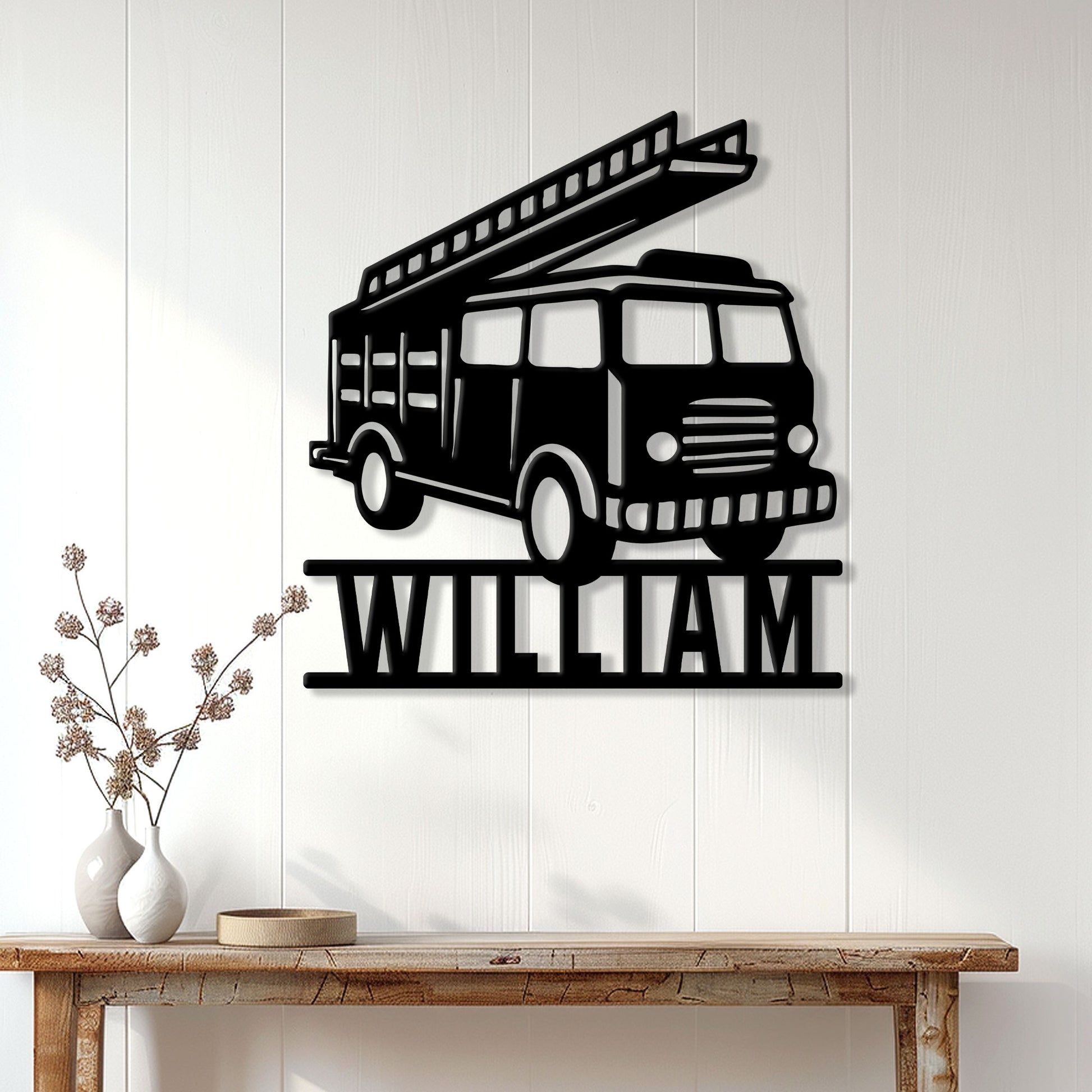 Firefighter wall decor displayed on a light paneled wall above a wooden console