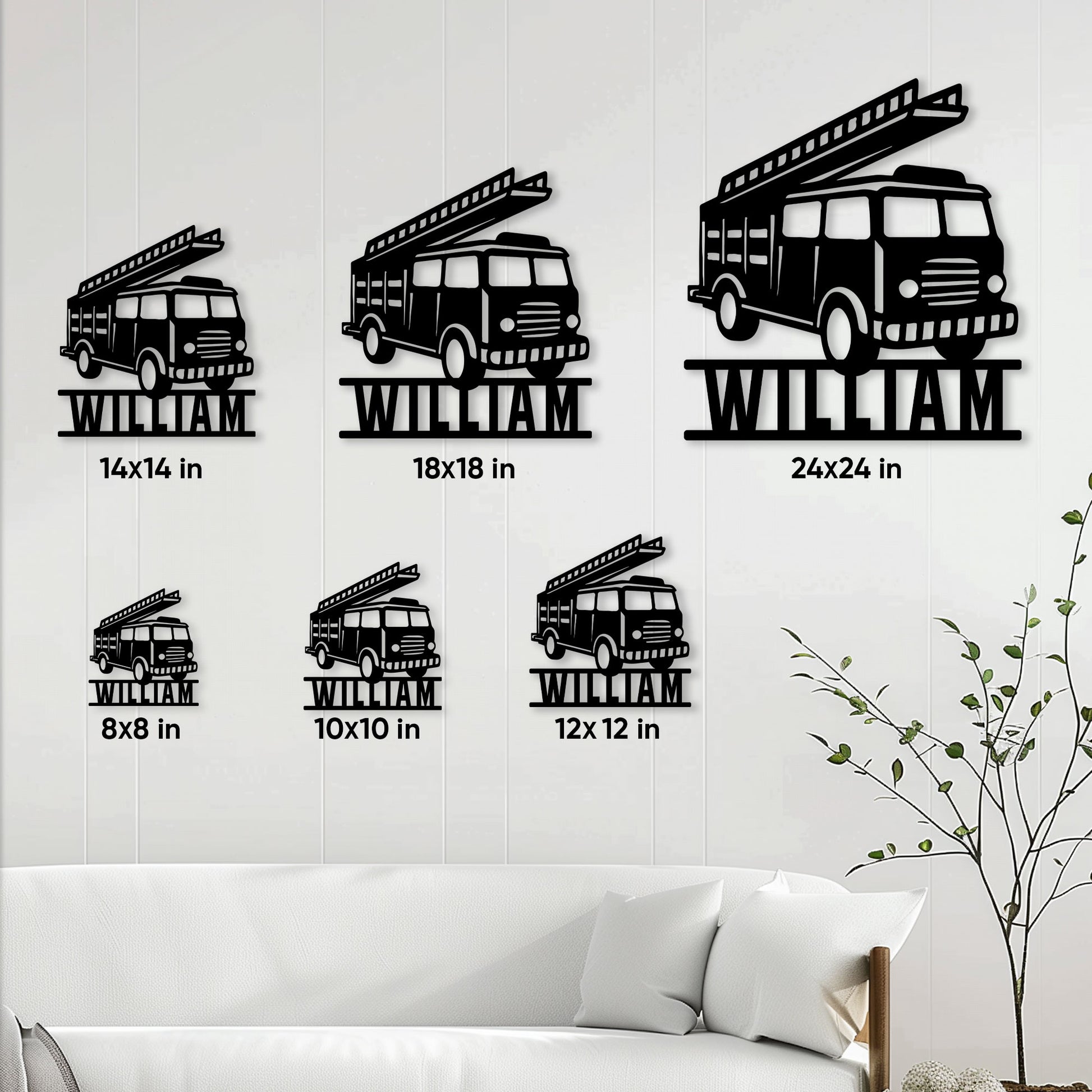 Fire truck metal sign size guide showing several available square size options
