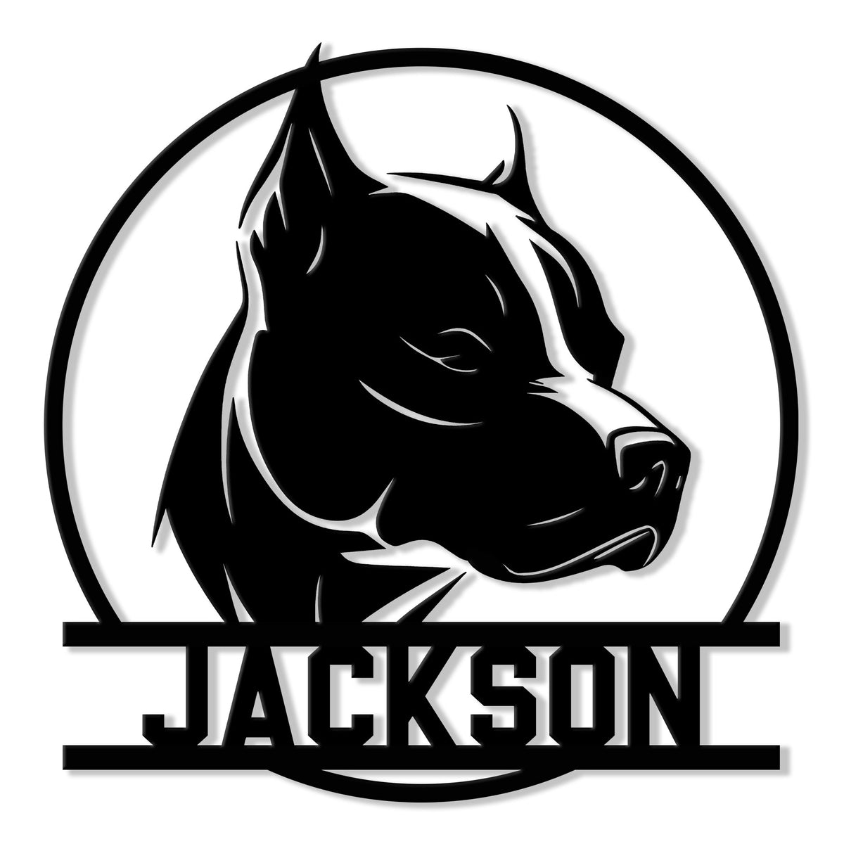 Bold black pitbull head silhouette inside a circular frame on a custom metal sign