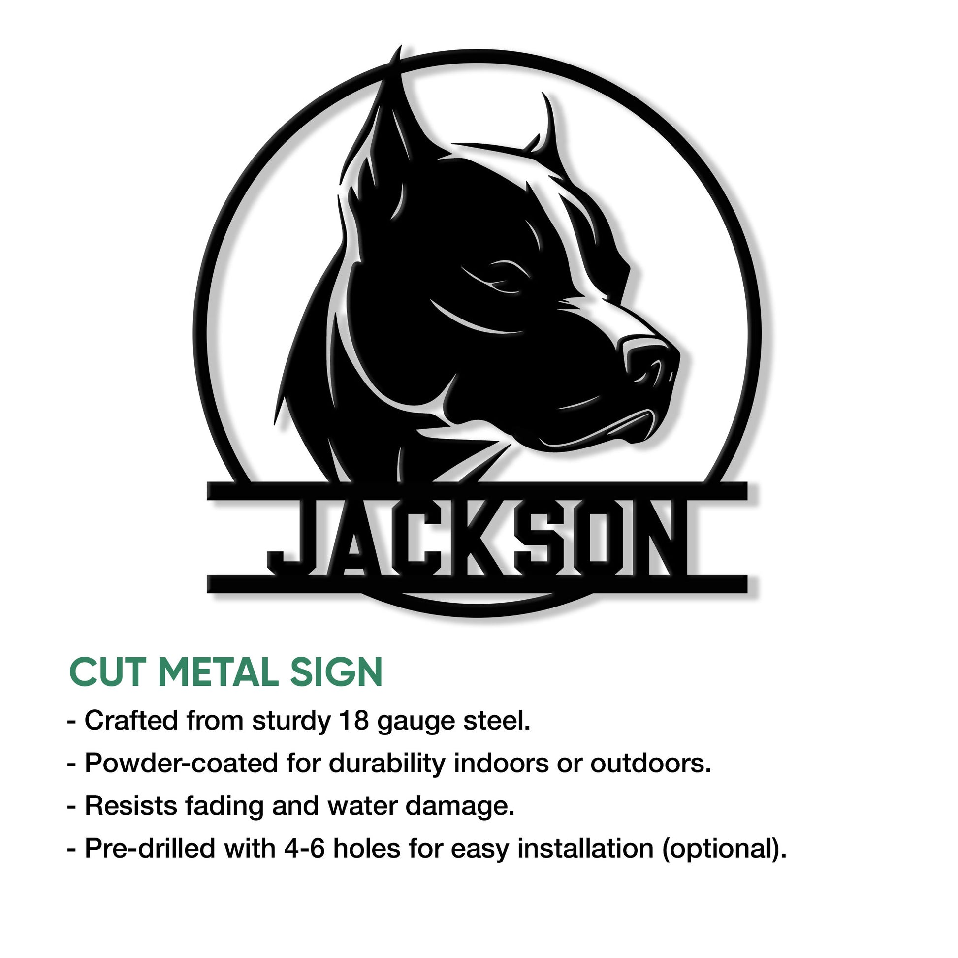 Pitbull metal sign feature graphic showing the circular dog portrait design and cut-metal presentation
