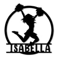 Custom cheerleader metal sign featuring a jumping silhouette with pom poms inside a circular frame