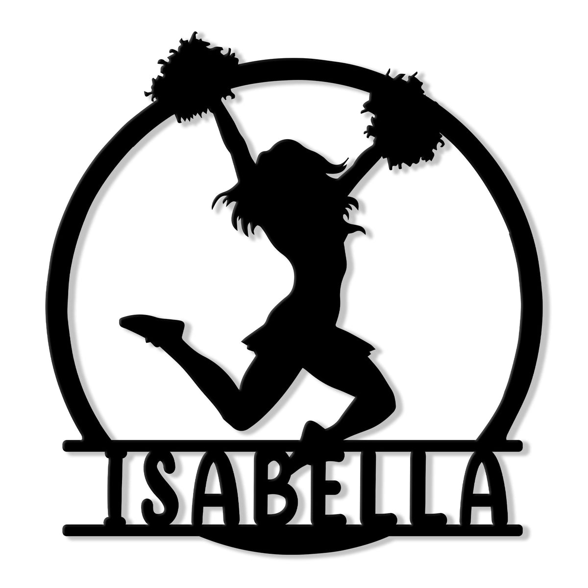 Custom cheerleader metal sign featuring a jumping silhouette with pom poms inside a circular frame