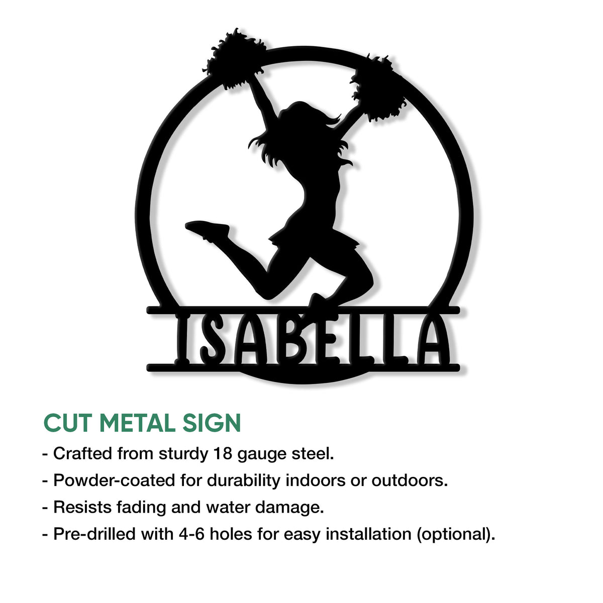 Cheerleading metal sign feature graphic showing a pom pom silhouette and cut metal sign presentation