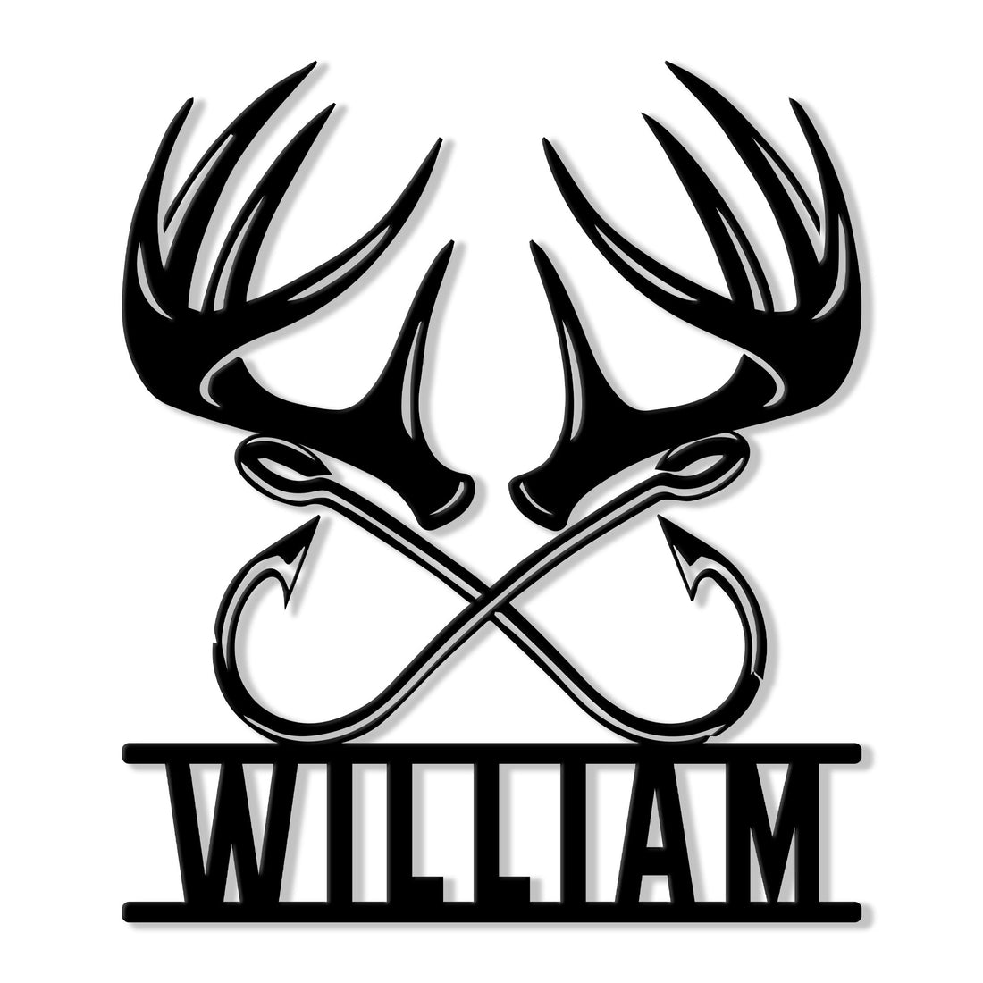 Black hunting metal sign featuring a bold deer antler silhouette with crossed arrows and a custom design
