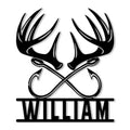 Black hunting metal sign featuring a bold deer antler silhouette with crossed arrows and a custom design
