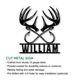 Hunting metal sign feature graphic showing crossed arrows beneath a stylized deer antler design