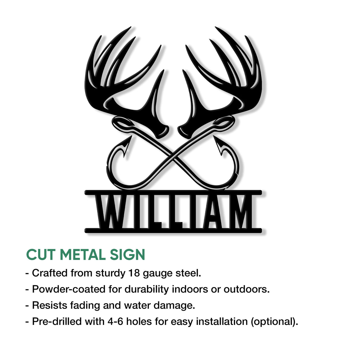 Hunting metal sign feature graphic showing crossed arrows beneath a stylized deer antler design