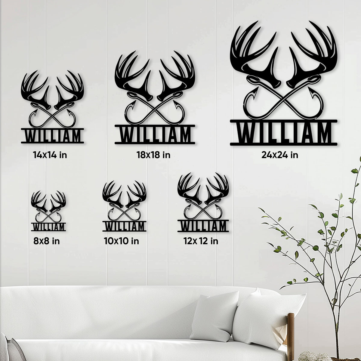 Hunting metal sign size guide showing several square size options with an antler and crossed arrow design