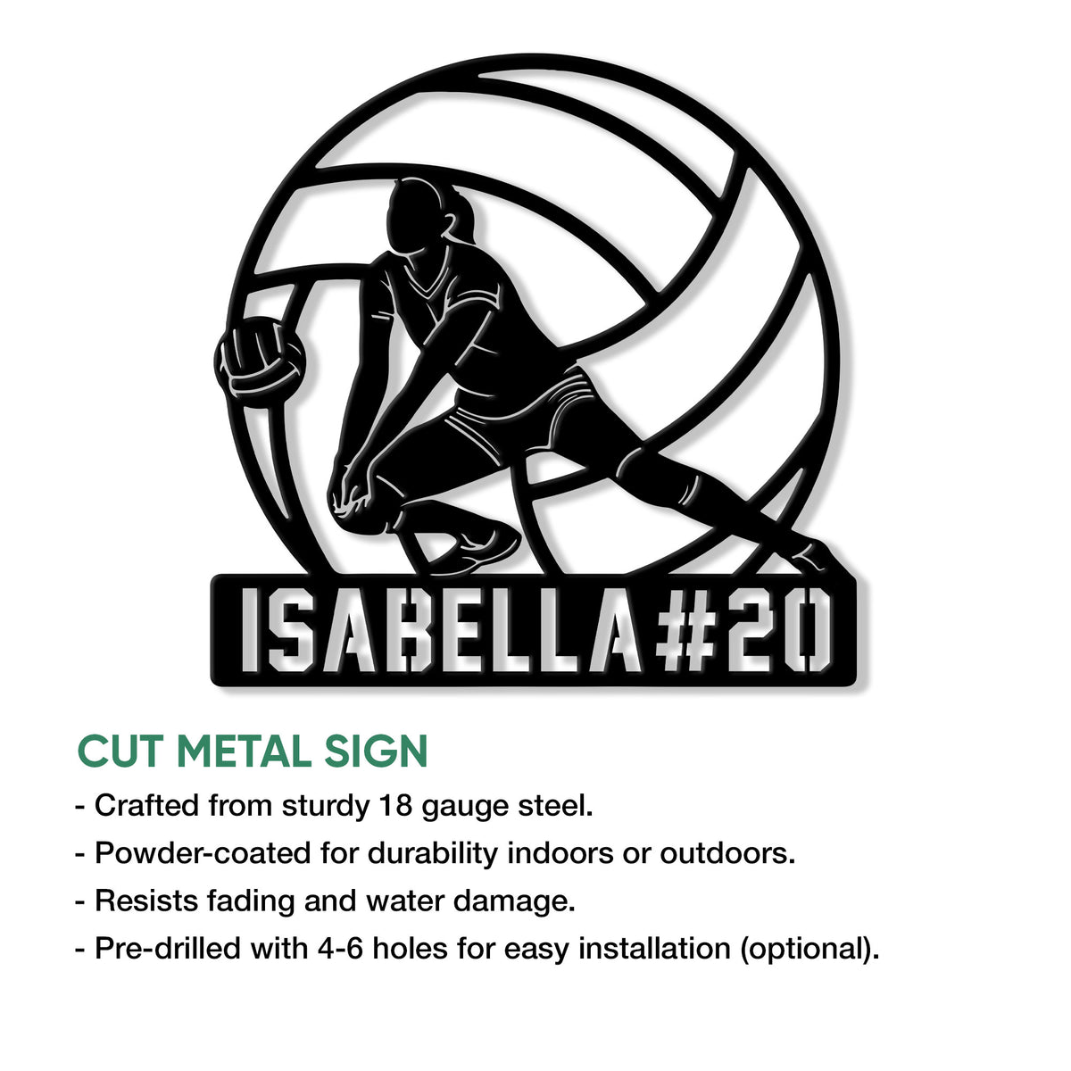 Volleyball player silhouette metal sign shown as a cut-metal wall decor design with a bold athletic look