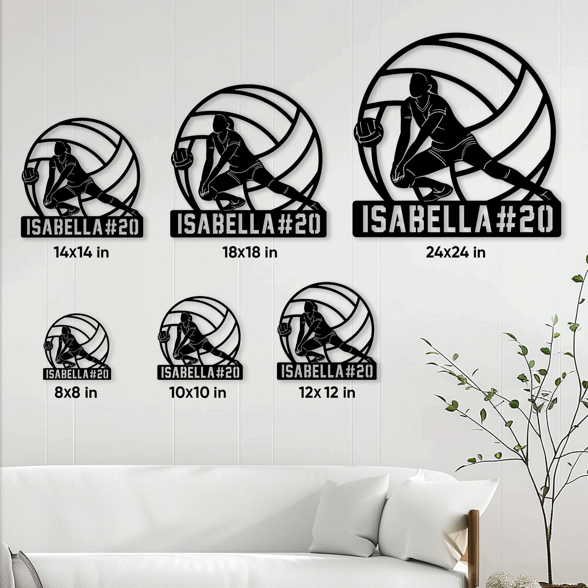 Volleyball metal sign size guide showing available square sizes from 8 by 8 to 24 by 24 inches