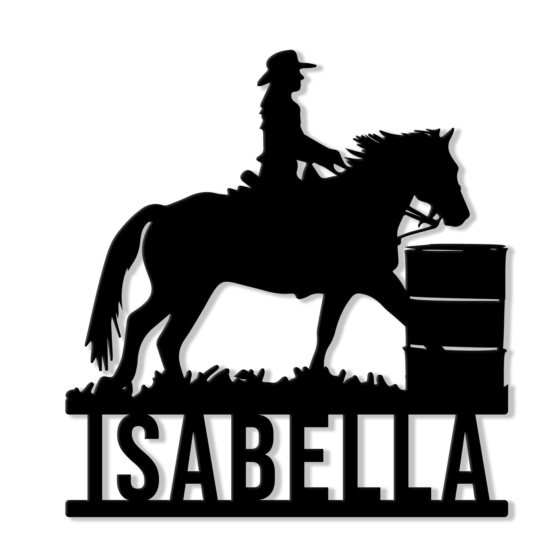 Barrel racing metal sign featuring a mounted rider, horse, and barrel silhouette