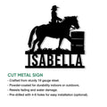 Cut metal barrel racing sign shown with a rider, horse, barrel, and product feature details