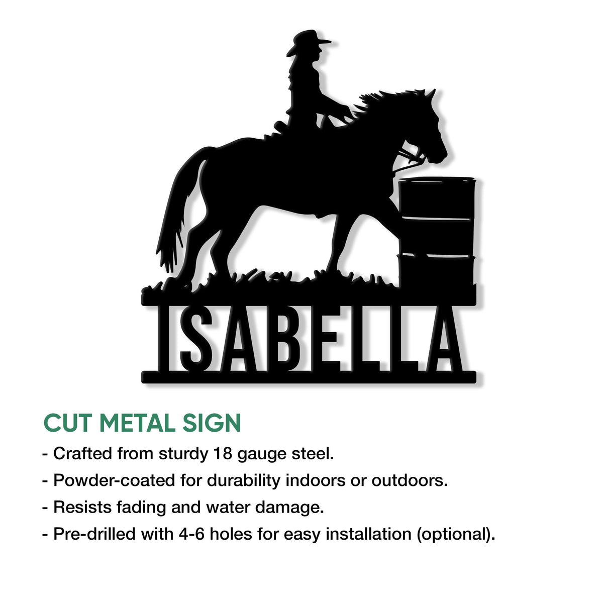 Cut metal barrel racing sign shown with a rider, horse, barrel, and product feature details