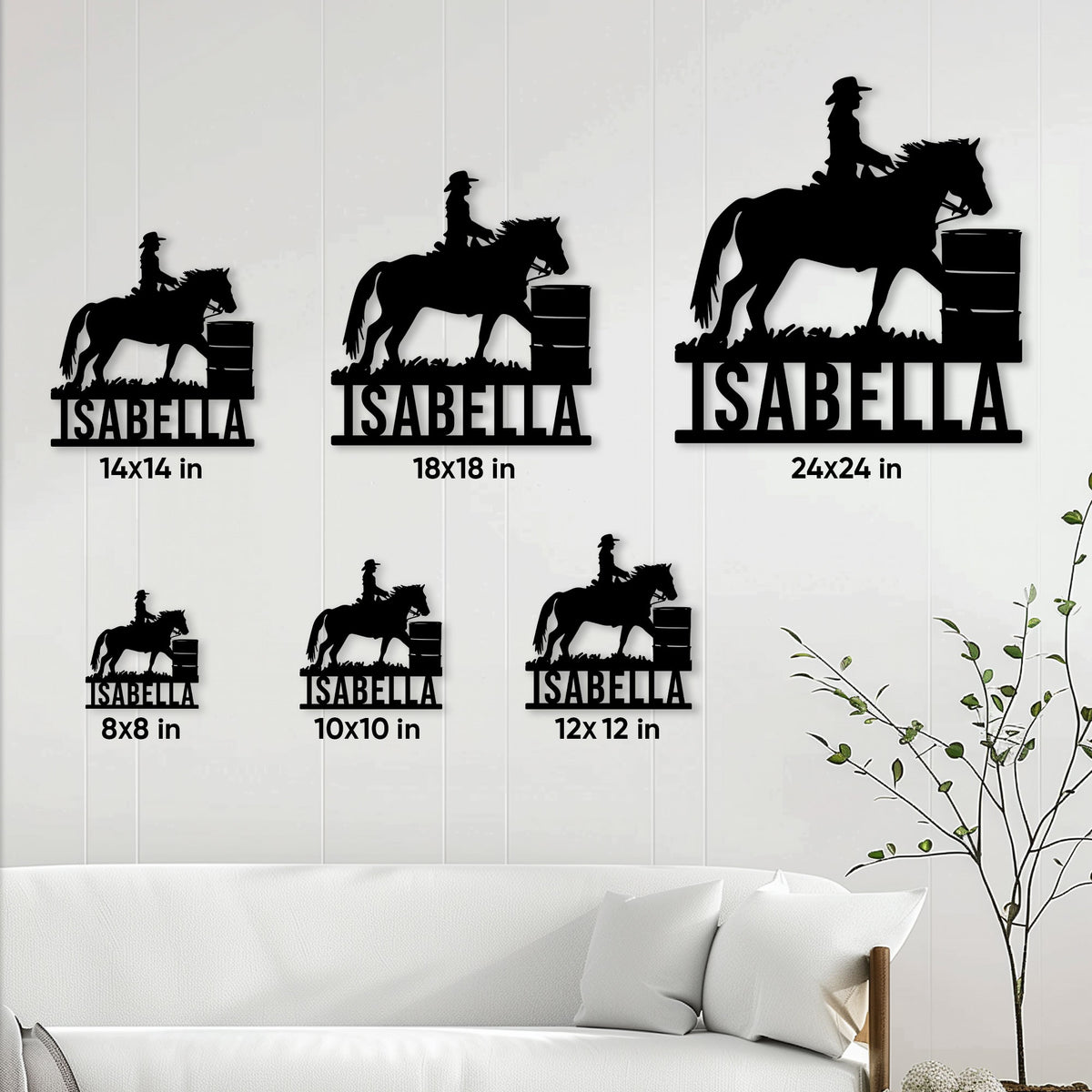 Barrel racing metal sign size guide showing multiple available square dimensions