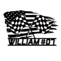 Custom racing metal sign featuring crossed checkered flags with a patriotic flag-inspired design