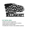Racing cut metal sign feature graphic showing the crossed checkered flag artwork