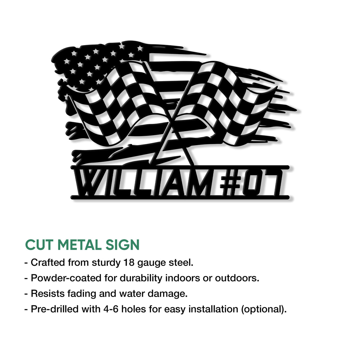 Racing cut metal sign feature graphic showing the crossed checkered flag artwork
