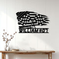 Racing metal wall sign displayed above a console table in a bright modern home