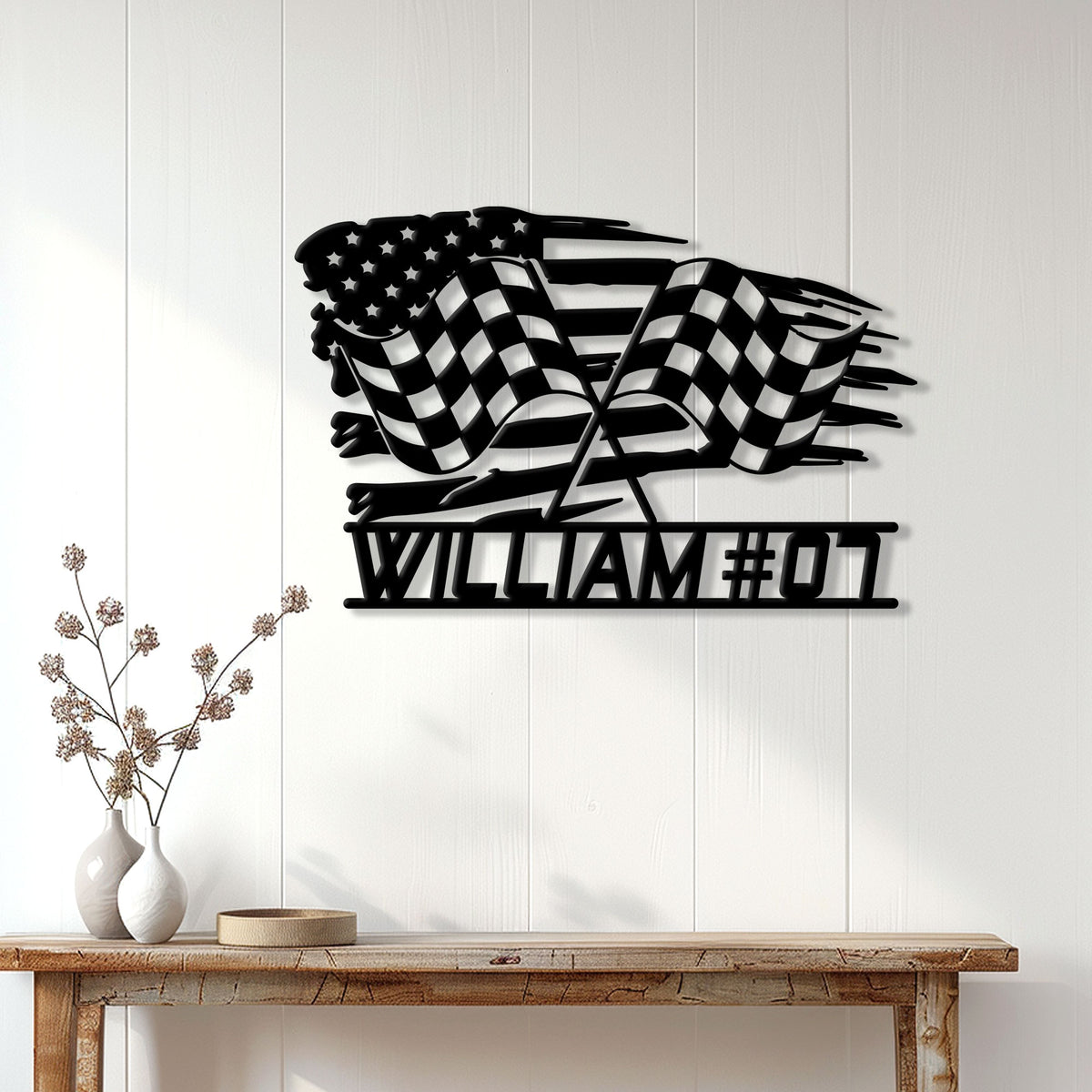 Racing metal wall sign displayed above a console table in a bright modern home