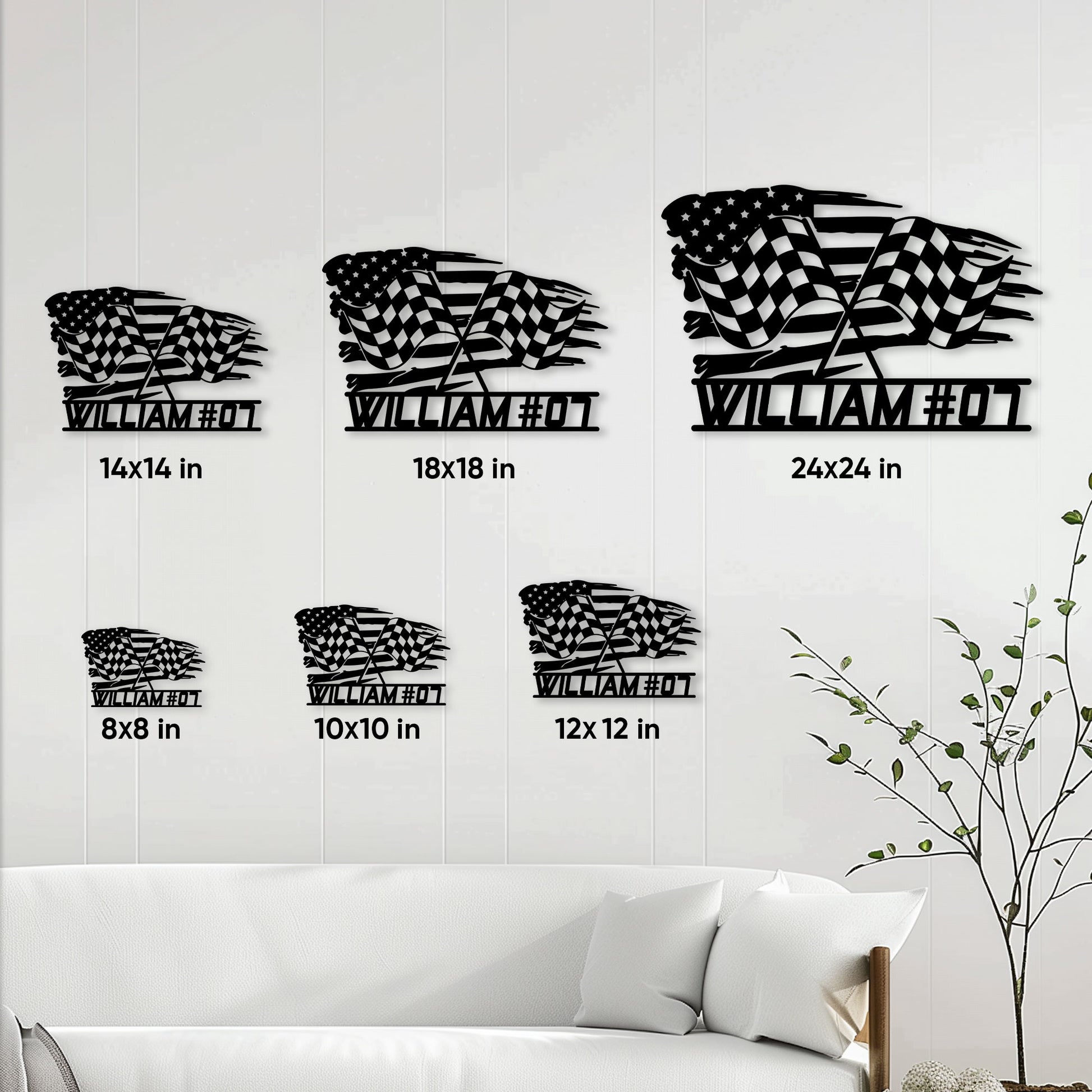 Racing metal sign size guide showing six available square size options