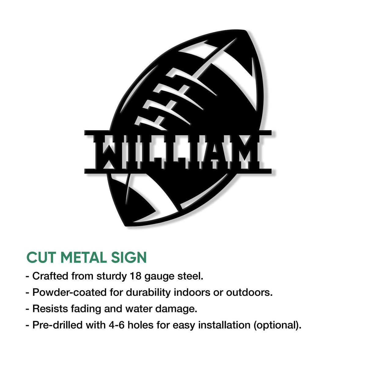American football metal sign feature graphic showing the cut metal design and indoor or outdoor display options