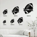 American football metal sign size guide showing multiple square size options in a living room setting