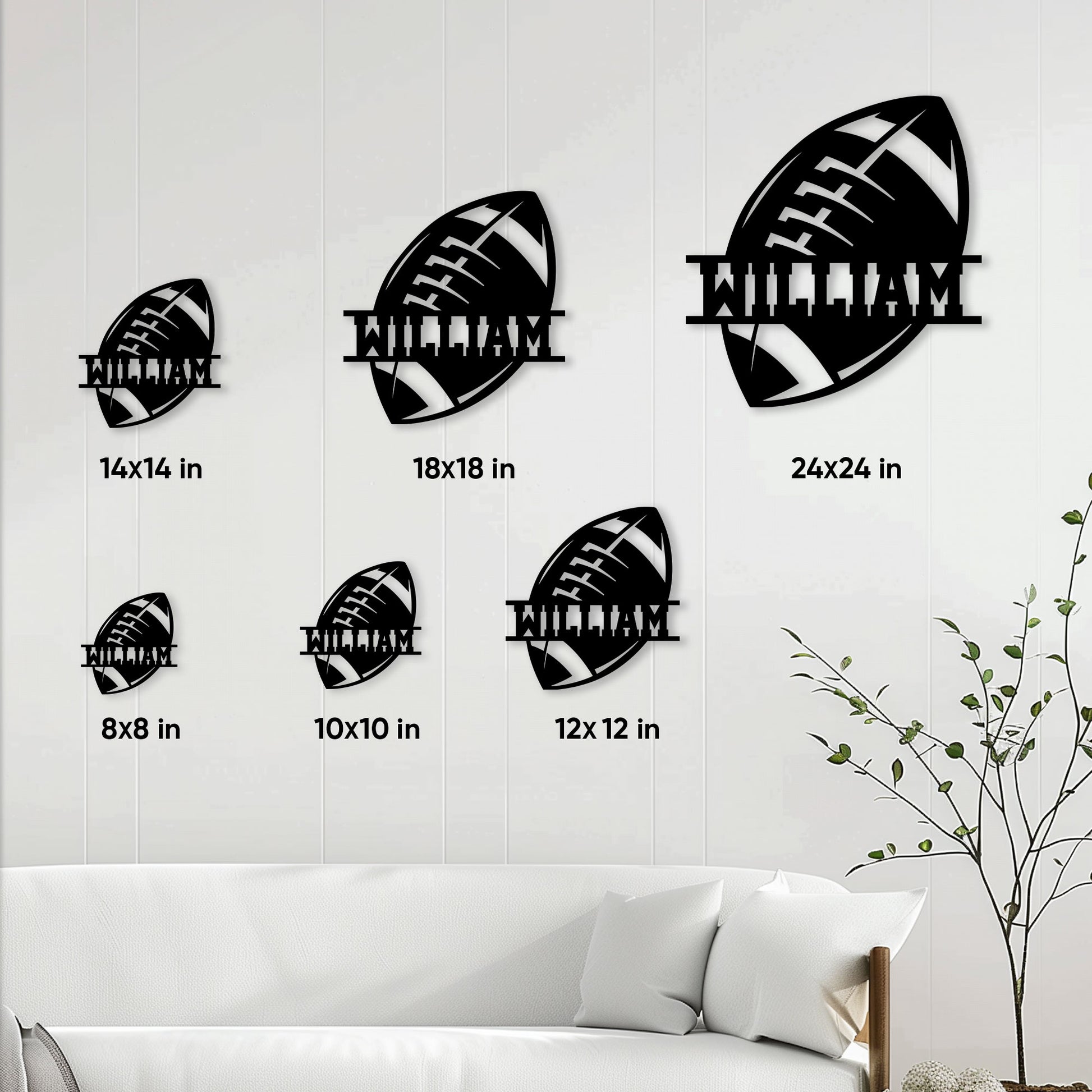 American football metal sign size guide showing multiple square size options in a living room setting