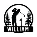 Round golf metal sign featuring a golfer silhouette, flag, and pine trees
