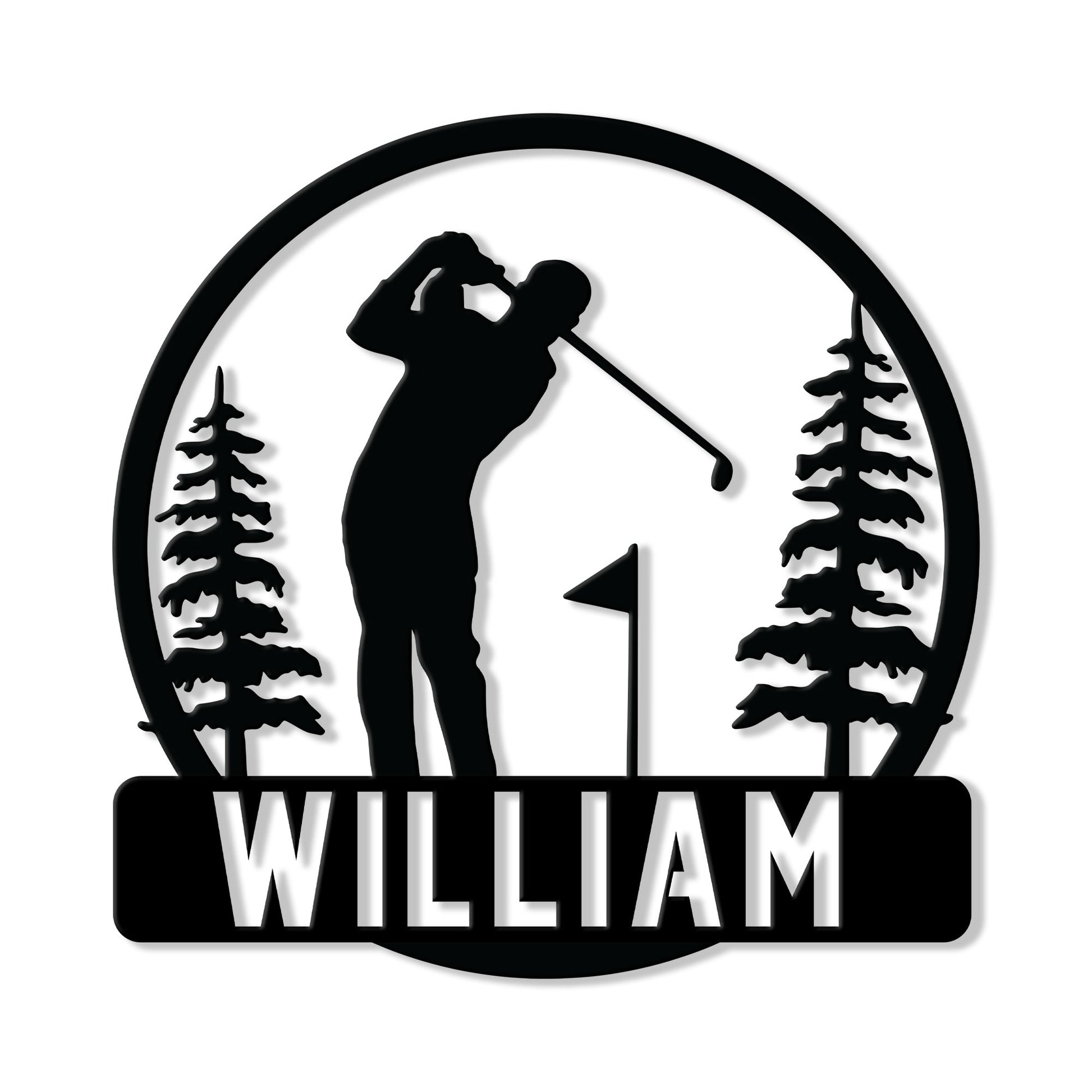 Round golf metal sign featuring a golfer silhouette, flag, and pine trees