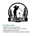 Golf metal sign infographic showing the forest golfer design and cut-metal sign presentation