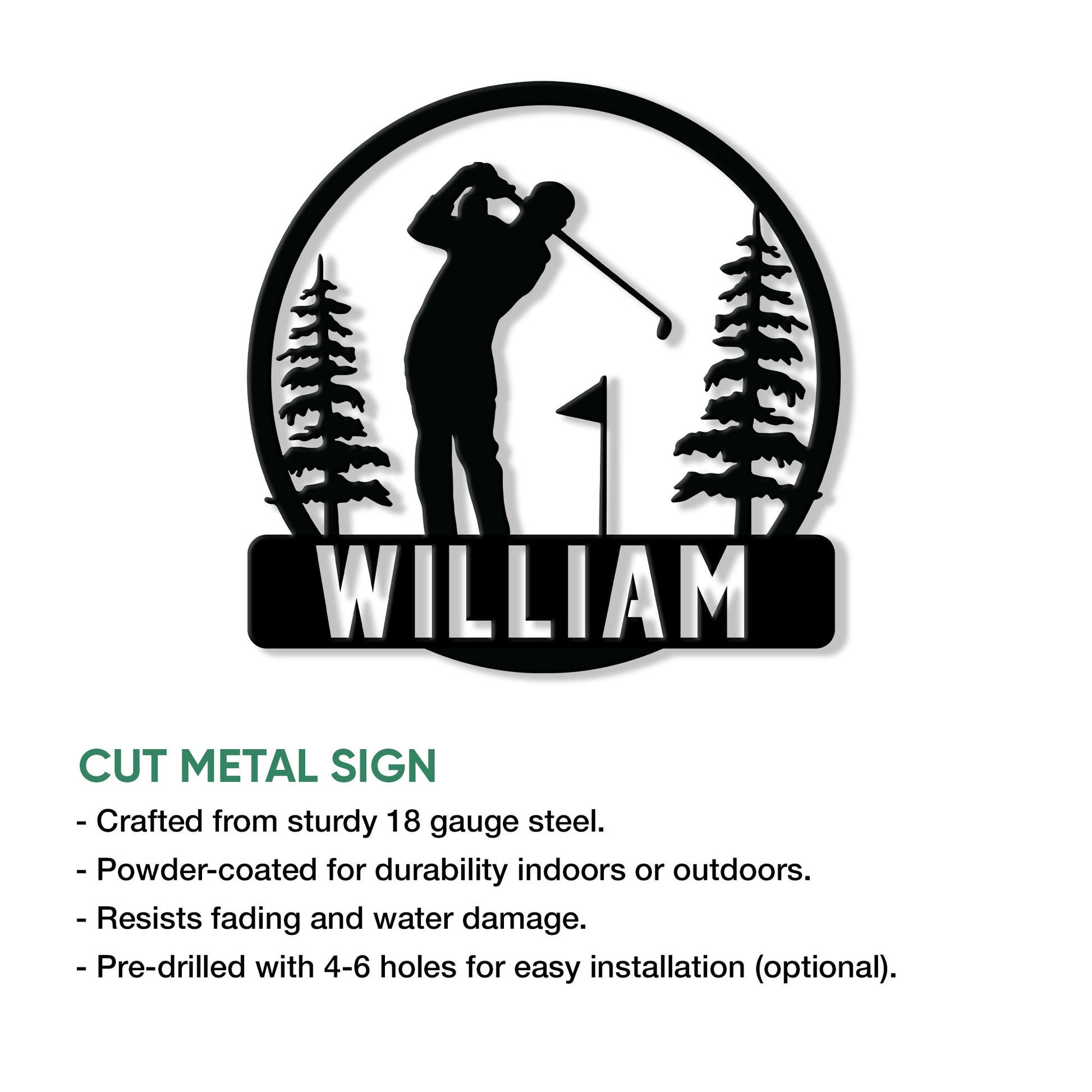 Golf metal sign infographic showing the forest golfer design and cut-metal sign presentation