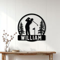 Golf wall decor displayed above a console table, featuring a golfer silhouette in a pine forest