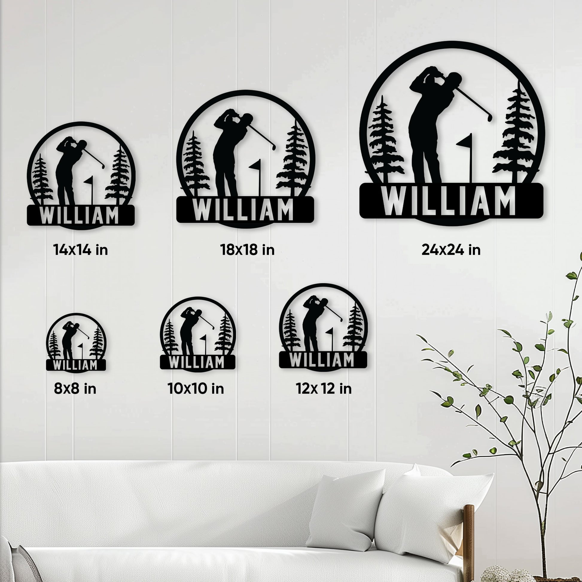 Golf metal sign size guide showing six available square sizes from 8 by 8 to 24 by 24 inches