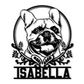 Custom French Bulldog metal sign featuring a cheerful bulldog portrait framed by botanical accents