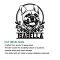 French Bulldog cut metal sign shown with a personalized display area and product feature information