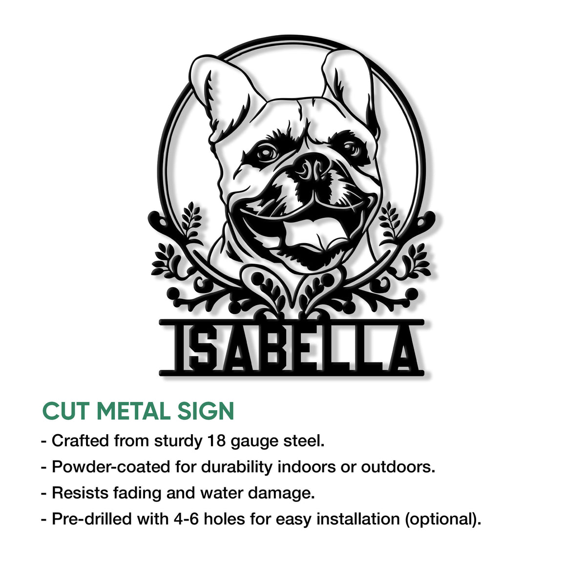 French Bulldog cut metal sign shown with a personalized display area and product feature information