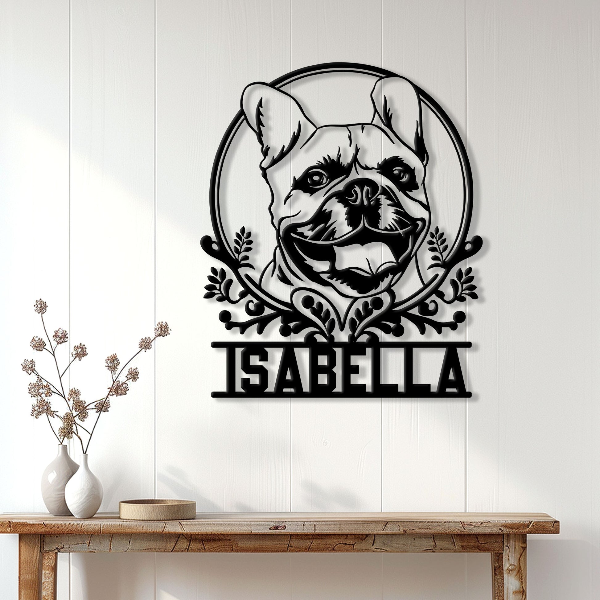 Custom French Bulldog wall sign displayed on a bright paneled wall above a wooden console table